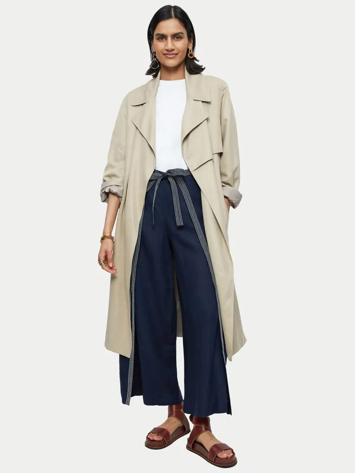 Jigsaw Trousers Women Linen Stitch Detail Palazzo Blue