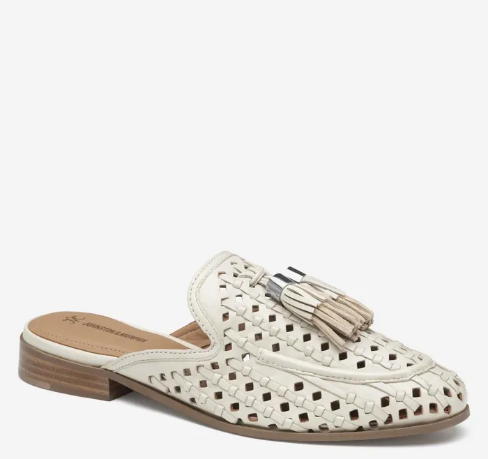 Johnston and Murphy Ali Woven Tassel Mule Bone Glove Leather Women Mules and Loafers