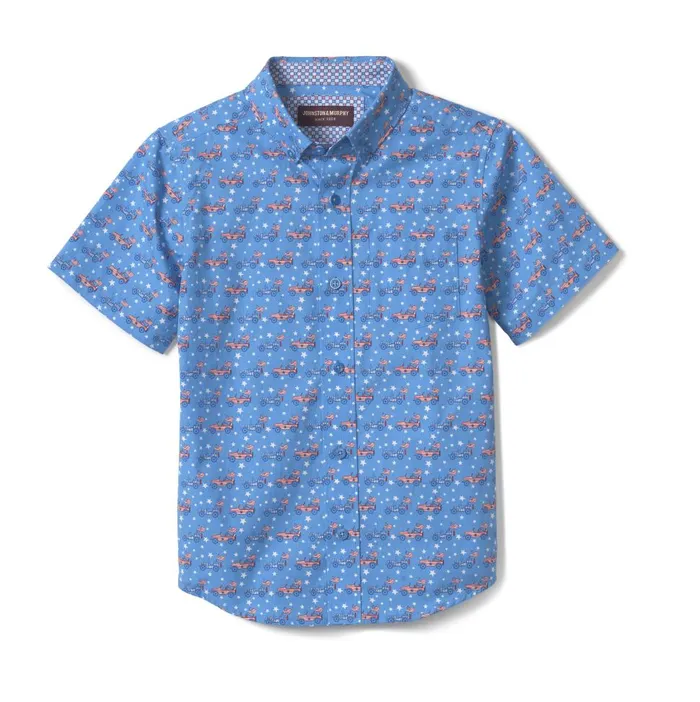 Johnston and Murphy Boys ShortSleeve Printed Shirt Blue Patriotic Car Boys Shirts Johnston and Murphy Boys ShortSleeve Printed Shirt Blue Patriotic Car Boys Shirts