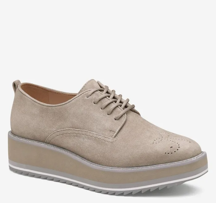 Johnston and Murphy Gracelyn Brogue Oxford Taupe Kid Suede Women Mules and Loafers