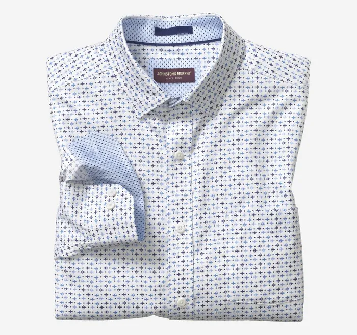 Johnston and Murphy Printed Cotton Shirt White Airplane Dot Men Shirts