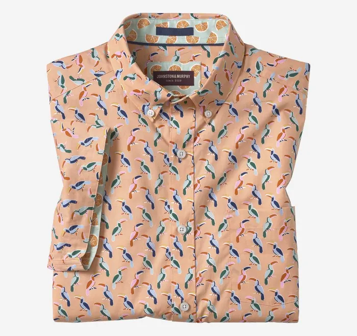 Johnston and Murphy Printed Cotton ShortSleeve Shirt Melon Toucan Men ShortSleeve Shirts Johnston and Murphy Printed Cotton ShortSleeve Shirt Melon Toucan Men ShortSleeve Shirts