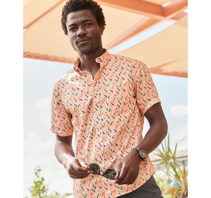 Johnston and Murphy Printed Cotton ShortSleeve Shirt Melon Toucan Men ShortSleeve Shirts Johnston and Murphy Printed Cotton ShortSleeve Shirt Melon Toucan Men ShortSleeve Shirts
