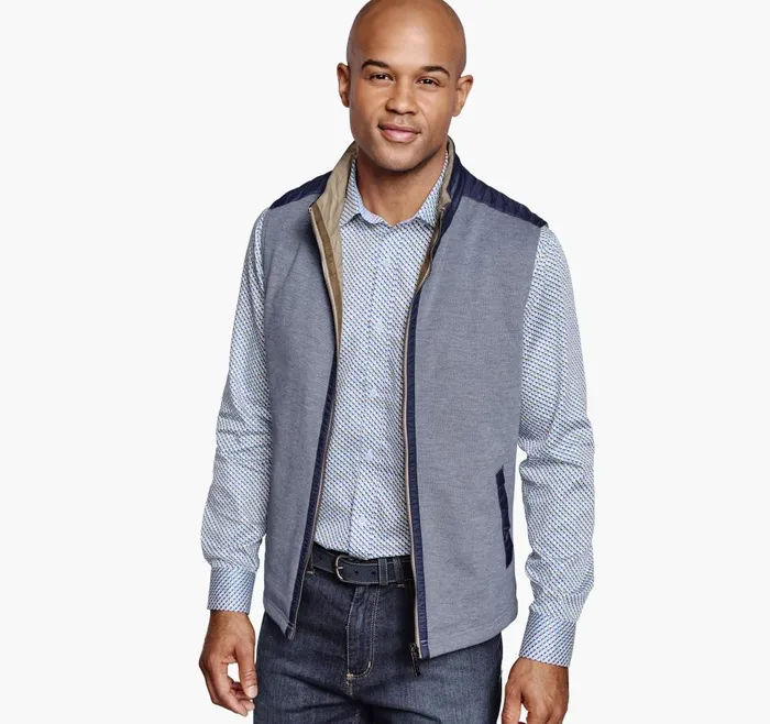 Johnston and Murphy Reversible Vest Taupeblue Birdseye Men Coats Jackets and Vests Johnston and Murphy Reversible Vest Taupeblue Birdseye Men Coats Jackets and Vests