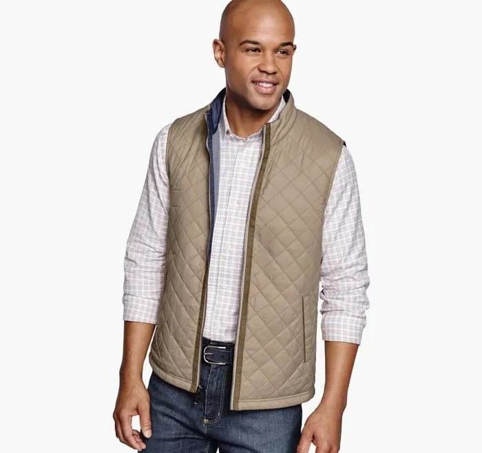 Johnston and Murphy Reversible Vest Taupeblue Birdseye Men Coats Jackets and Vests Johnston and Murphy Reversible Vest Taupeblue Birdseye Men Coats Jackets and Vests