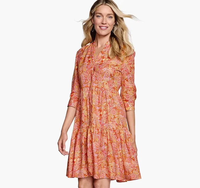 Johnston and Murphy Tiered Paisley Dress Coral Women Dresses and Jumpsuits
