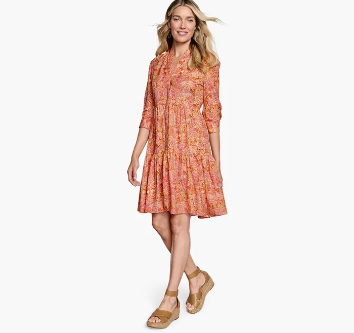 Johnston and Murphy Tiered Paisley Dress Coral Women Dresses and Jumpsuits Johnston and Murphy Tiered Paisley Dress Coral Women Dresses and Jumpsuits