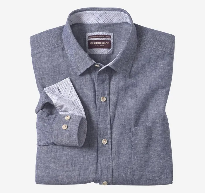Johnston and Murphy Washed LinenBlend Shirt Navy Solid Men Shirts