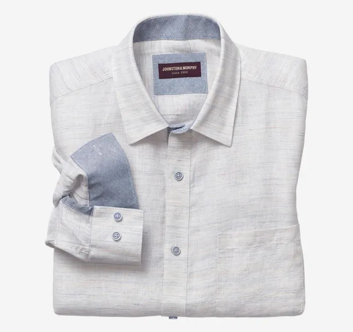 Johnston and Murphy Washed LinenBlend Shirt White Slub Men Shirts
