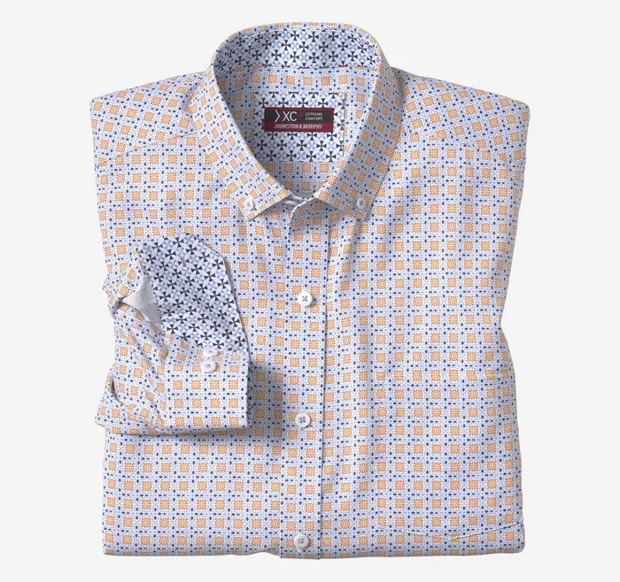 Johnston and Murphy XC4 LongSleeve StretchWoven Shirt Orangeblue Circle Cross Print Men Shirts