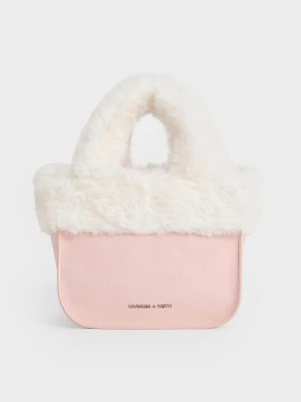 Kids Girls039 Textured FurTrim Tote Bag 8211 Pink CHARLES and KEITH Bags
