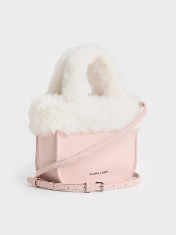 Kids Girls039 Textured FurTrim Tote Bag 8211 Pink CHARLES and KEITH Bags