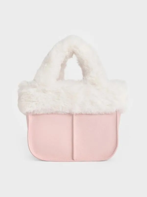 Kids Girls039 Textured FurTrim Tote Bag 8211 Pink CHARLES and KEITH Bags