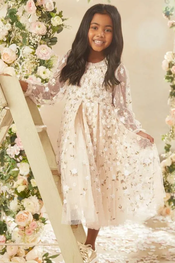 KIDS Needle and Thread Camellia Ditsy Long Sleeve Kids Dress Champagne