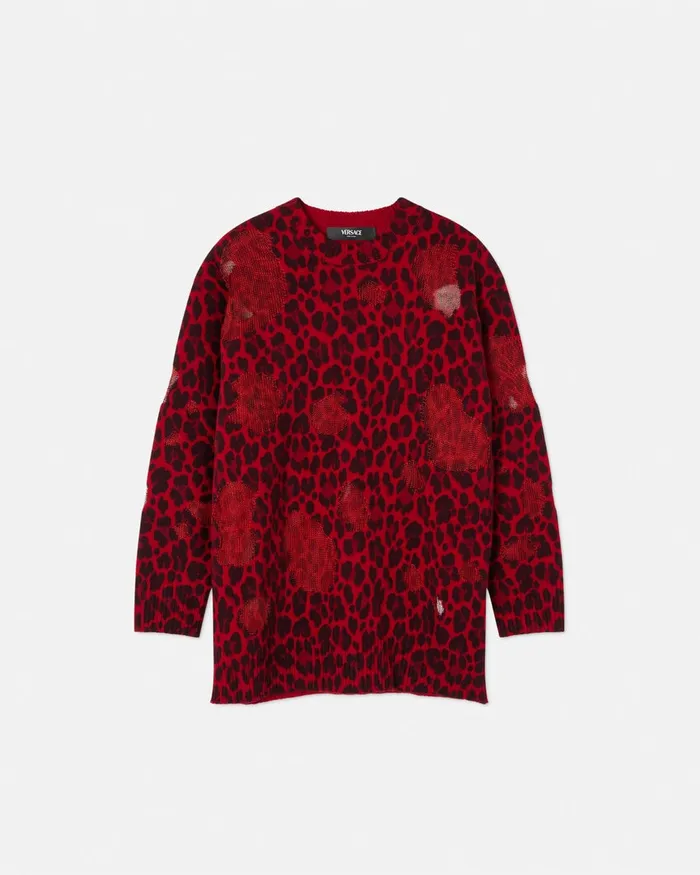 Knitwear Women Versace Leopard Intarsia Oversized Sweater Red
