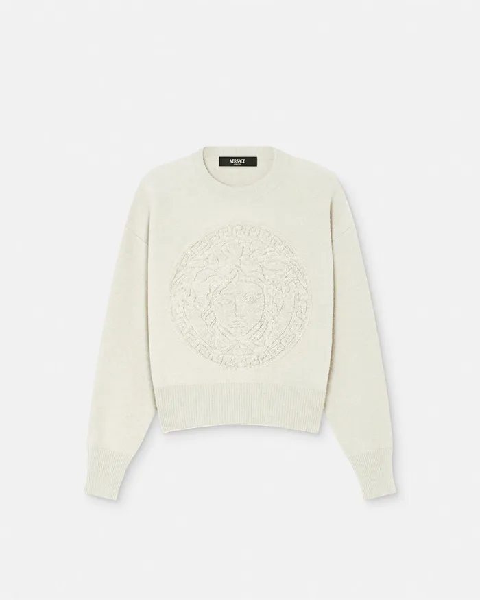 Knitwear Women Versace Medusa WoolBlend Knit Towel Sweater White