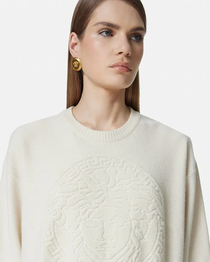 Knitwear Women Versace Medusa WoolBlend Knit Towel Sweater White