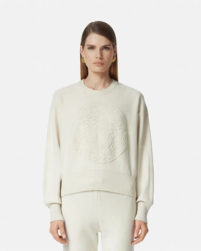 Knitwear Women Versace Medusa WoolBlend Knit Towel Sweater White