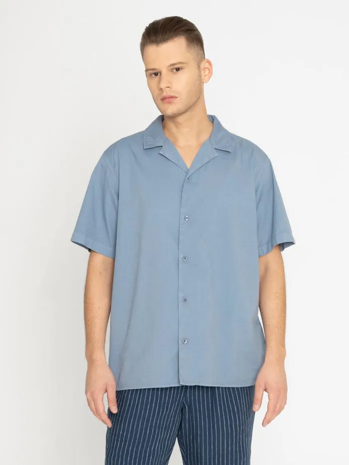 KnowledgeCotton Apparel Shirts Boxed Fit Cord Look Short Sleeve Shirt Asley Blue 8211 Men