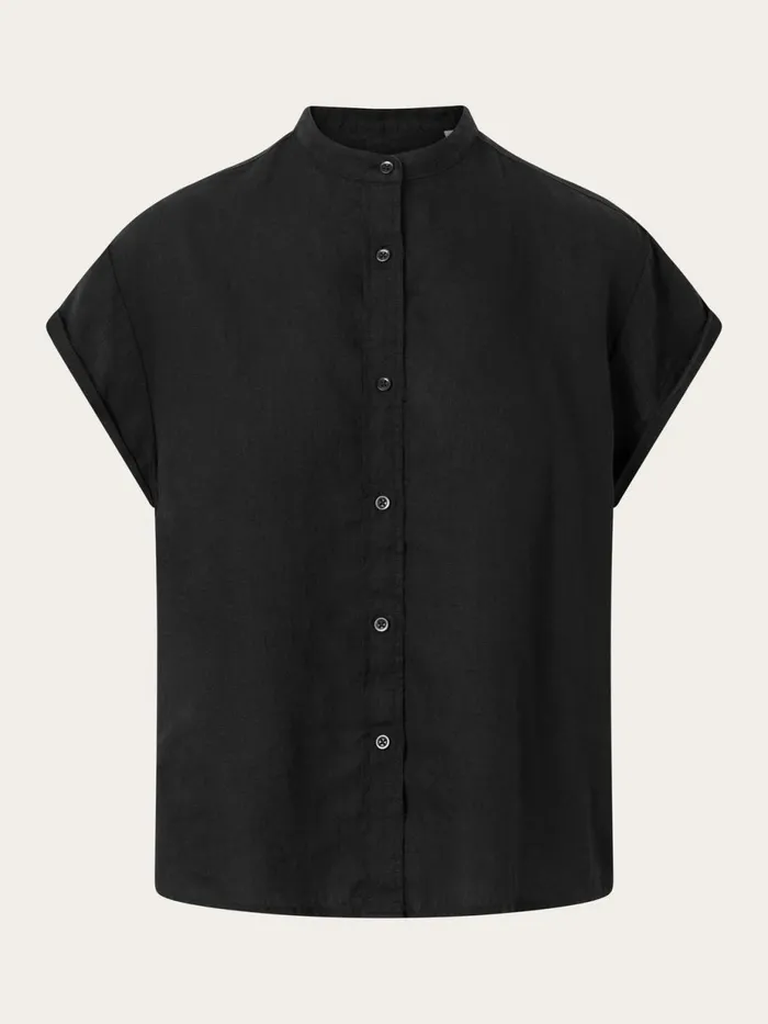 KnowledgeCotton Apparel Shirts Collar Stand Short Sleeve Linen Shirt Black Jet 8211 Women KnowledgeCotton Apparel Shirts Collar Stand Short Sleeve Linen Shirt Black Jet 8211 Women