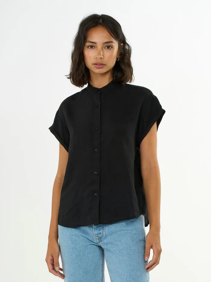 KnowledgeCotton Apparel Shirts Collar Stand Short Sleeve Linen Shirt Black Jet 8211 Women
