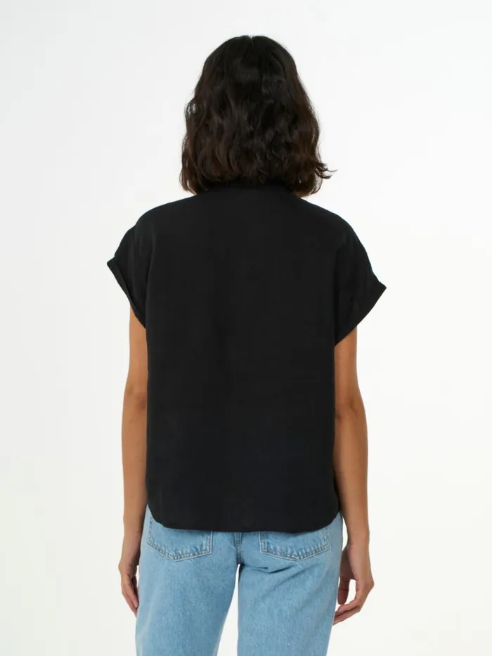 KnowledgeCotton Apparel Shirts Collar Stand Short Sleeve Linen Shirt Black Jet 8211 Women