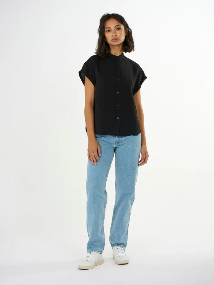 KnowledgeCotton Apparel Shirts Collar Stand Short Sleeve Linen Shirt Black Jet 8211 Women