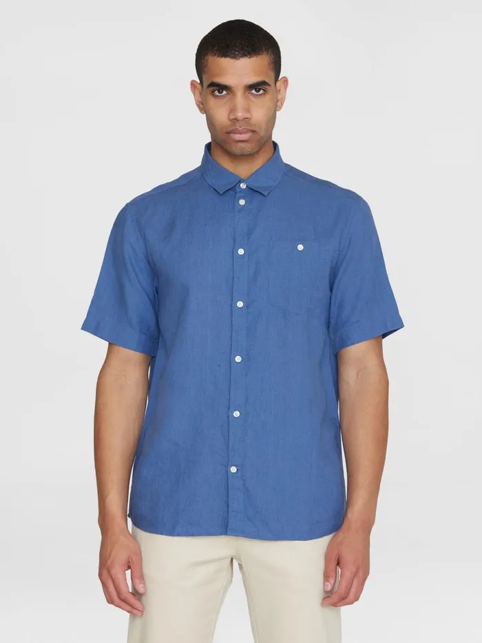 KnowledgeCotton Apparel Shirts Custom Fit Linen Short Sleeve Shirt Moonlight Blue 8211 Men