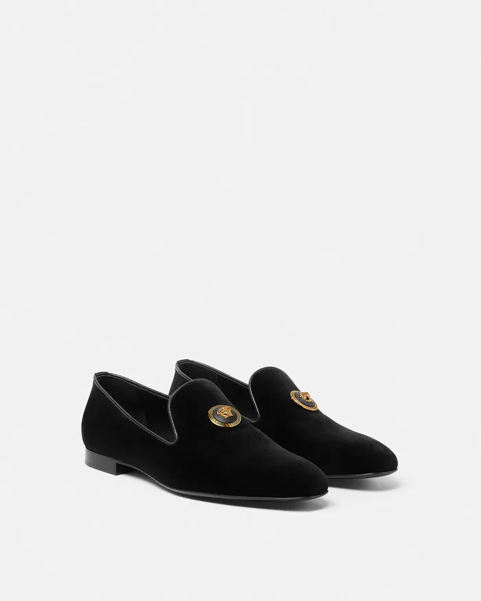 Loafers and Slippers Men Versace Medusa Velvet Slippers Blackgold