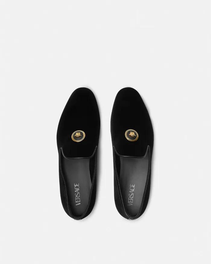 Loafers and Slippers Men Versace Medusa Velvet Slippers Blackgold
