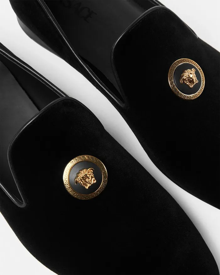Loafers and Slippers Men Versace Medusa Velvet Slippers Blackgold