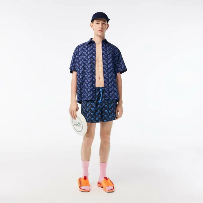 Matching Sets Men Lacoste Mens Printed Swim Trunks Navy Blue Blue F65