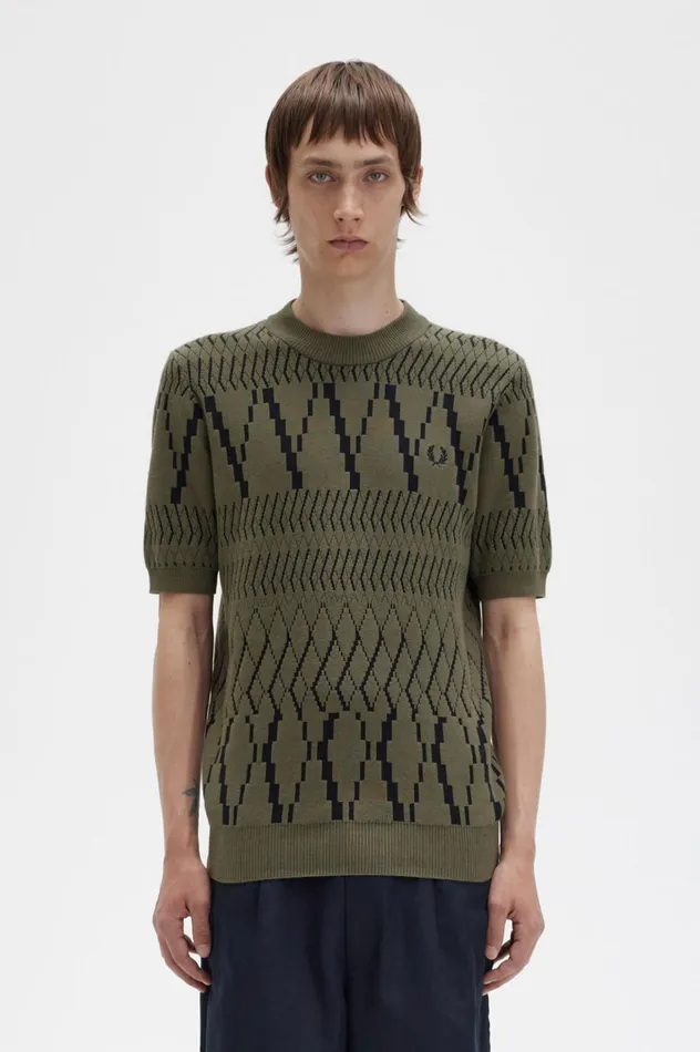 Men Argyle Panel Knitted TShirt Uniform Green Fred Perry Knitwear
