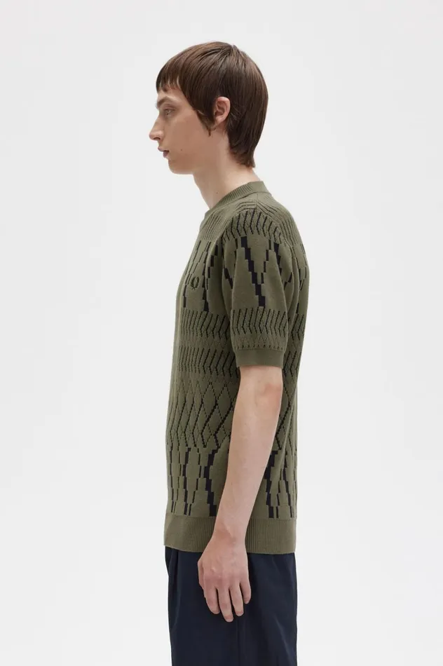 Men Argyle Panel Knitted TShirt Uniform Green Fred Perry Knitwear