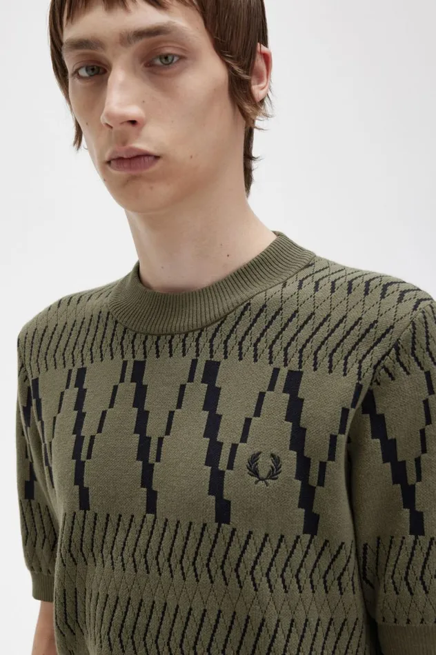 Men Argyle Panel Knitted TShirt Uniform Green Fred Perry Knitwear