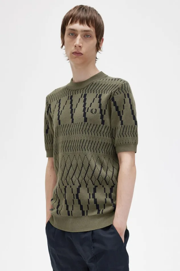 Men Argyle Panel Knitted TShirt Uniform Green Fred Perry Knitwear