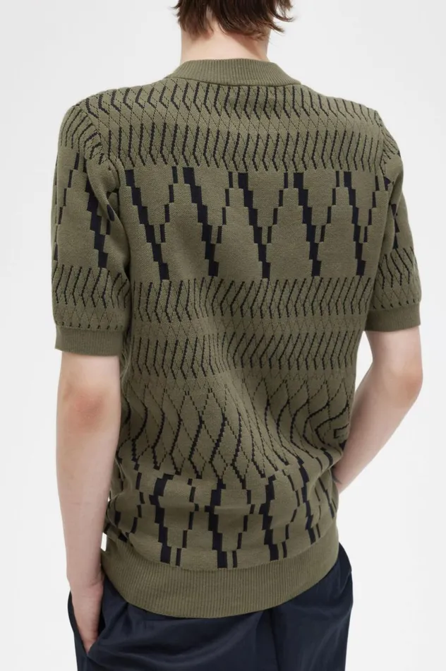 Men Argyle Panel Knitted TShirt Uniform Green Fred Perry Knitwear