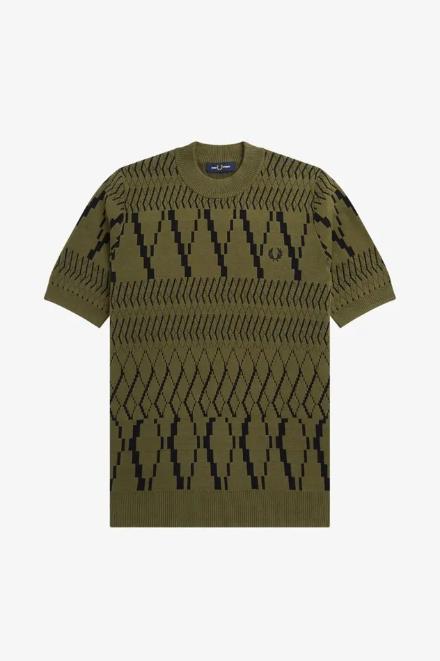 Men Argyle Panel Knitted TShirt Uniform Green Fred Perry Knitwear