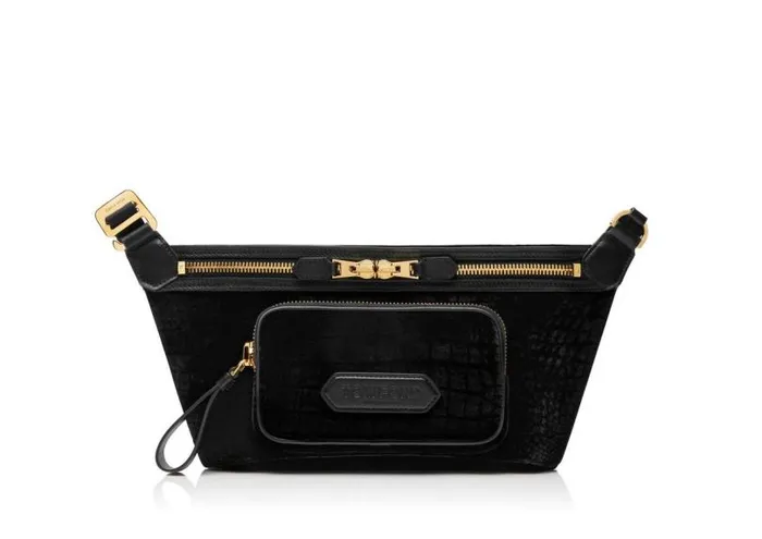 Men Belt Bags Tom Ford Stamped Croc Velvet Slim Belt Bag Black