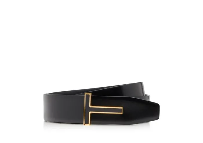 Men Belts Tom Ford Smooth Leather Enamel Buckle T Belt Black