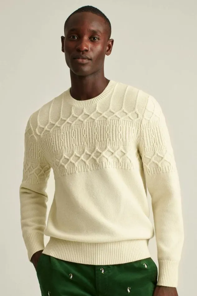 Men Cable Crew Neck Sweater Winter White Bonobos Crew and VNeck Sweaters