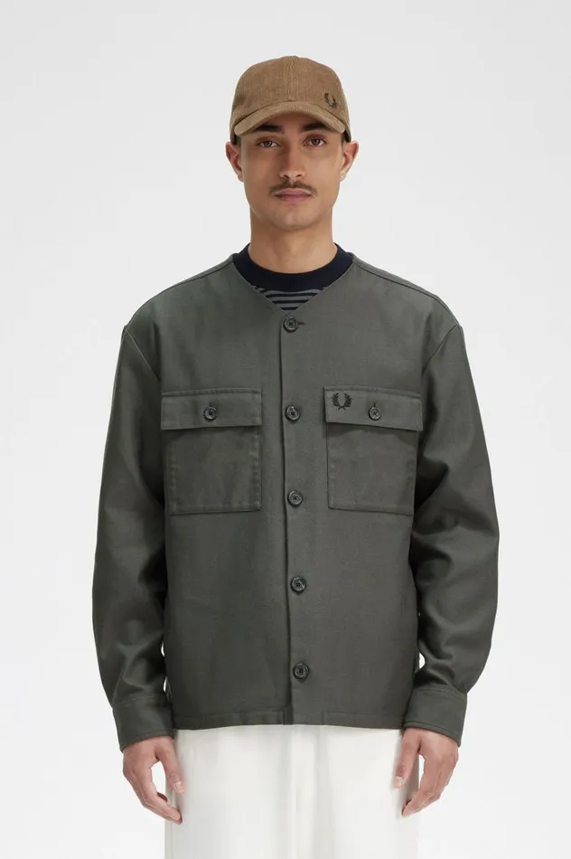 Men Collarless Overshirt Field Green Fred Perry Overshirts