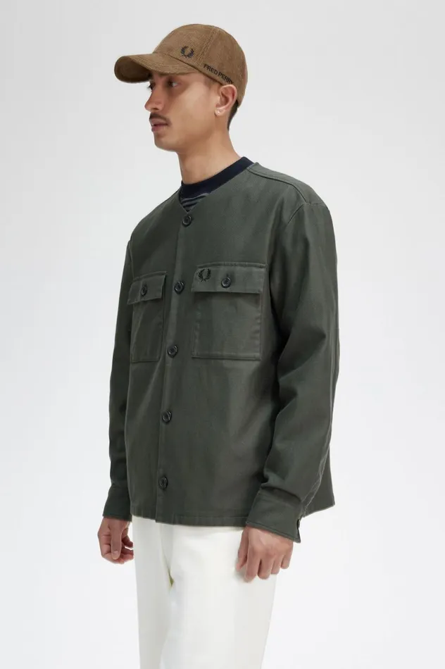 Men Collarless Overshirt Field Green Fred Perry Overshirts