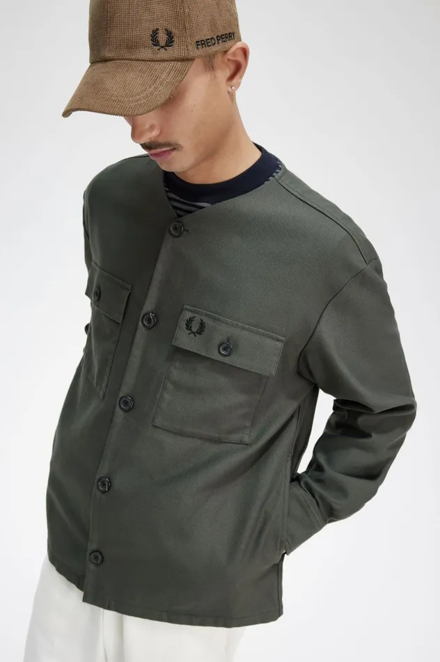 Men Collarless Overshirt Field Green Fred Perry Overshirts
