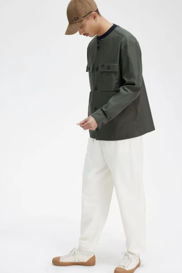 Men Collarless Overshirt Field Green Fred Perry Overshirts