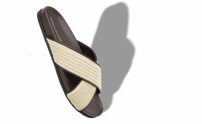 Men Dark Cream And Brown Raffia Flat Sandals Manolo Blahnik Sandals