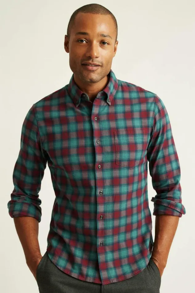 Men Everyday Lightweight Flannel Shirt Burgundy Sage Plaid Bonobos Overshirts