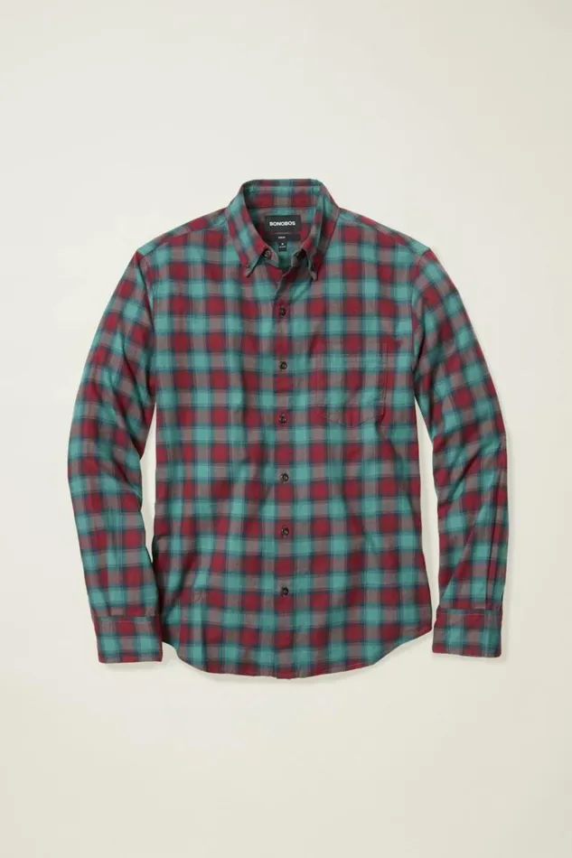 Men Everyday Lightweight Flannel Shirt Burgundy Sage Plaid Bonobos Overshirts
