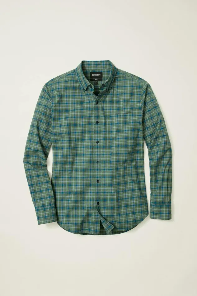 Men Everyday Shirt Forest Green Plaid Bonobos Business Casual Shirts