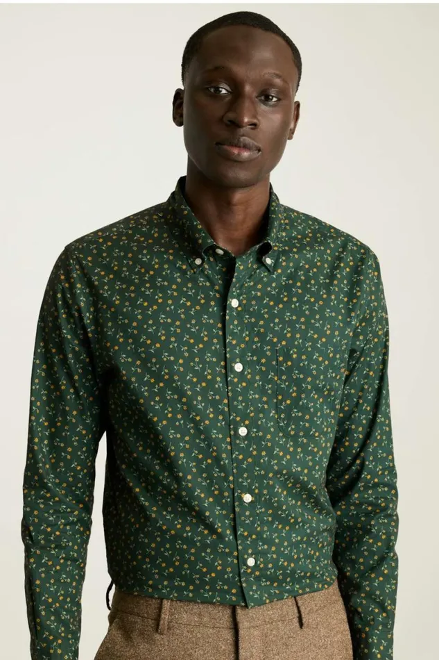 Men Everyday Shirt Pine Green Gold Floral Bonobos Casual Shirts